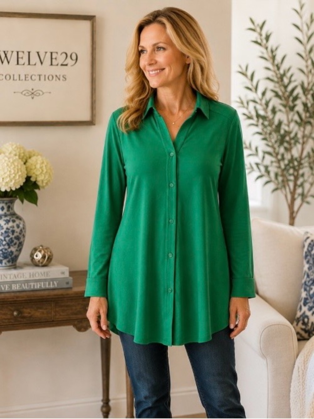 Adrianna Papell Sz L Green Knit Button Front Blouse V-Neck Long Sleeve MSRP $79